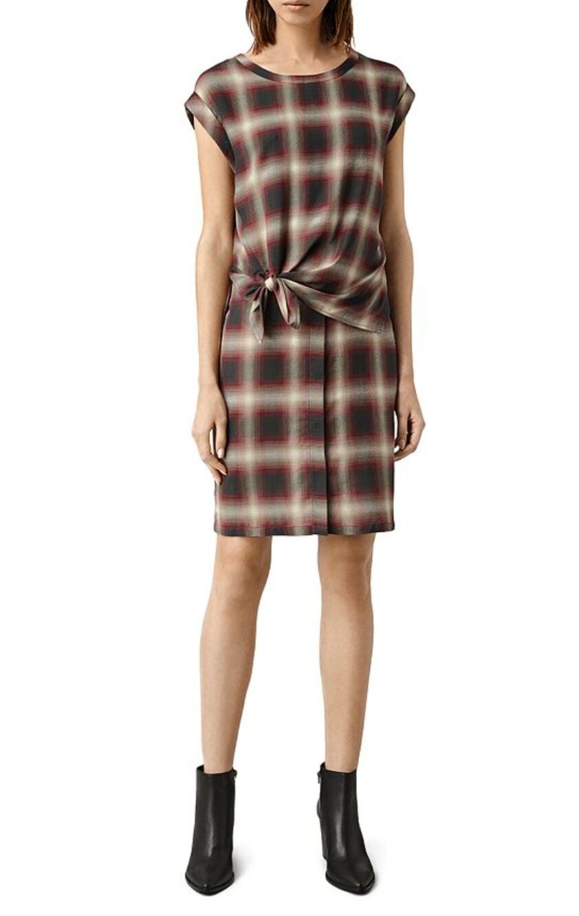 ALLSAINTS Brown Red Heny Dress Viscose Checkered Tie Front Crew Neck Size 4